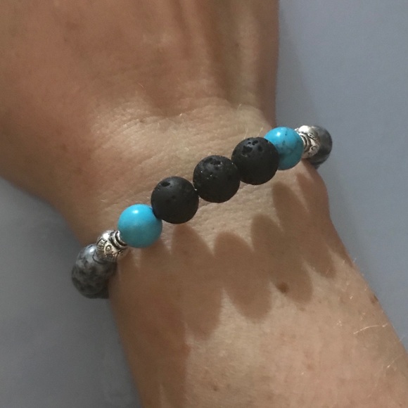 Turquoise/silver/gray lava bead diffuser bracelet - Picture 2 of 5